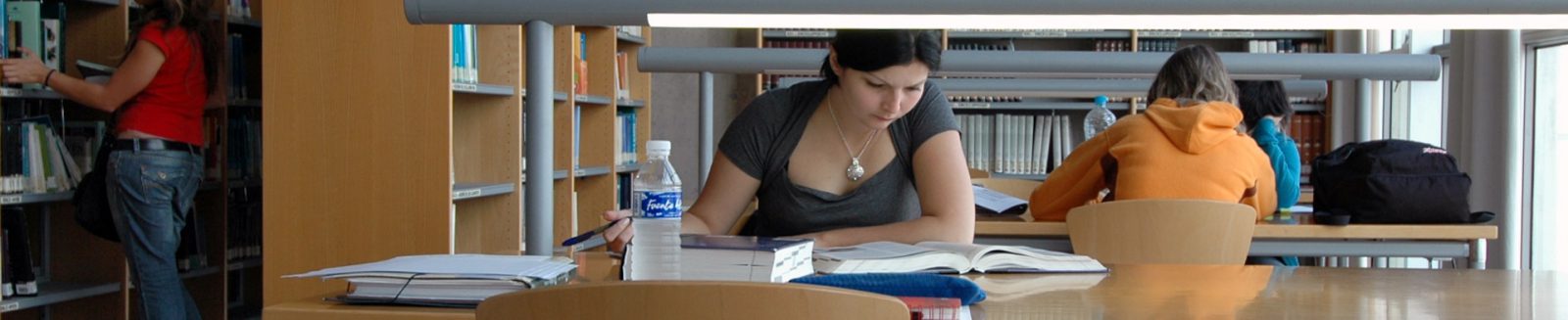 Vista del interior de una biblioteca luminosa con mujer estudiando en primer plano ante una mesa tomando notas ante libros. Al fondo, otras personas estudiando o de pie ante las estanterías.
